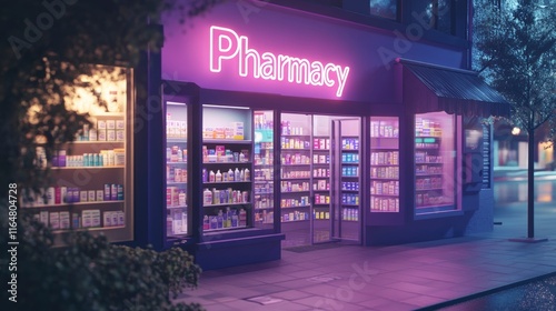 pharmacy storefront with a bright neon sign reading 
