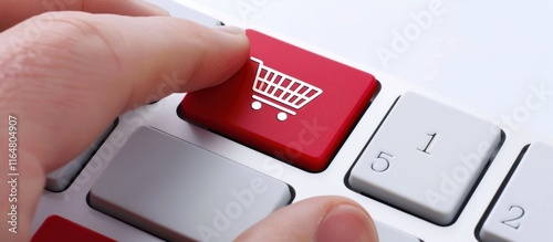 Finger pressing red shopping cart button on keyboard. photo