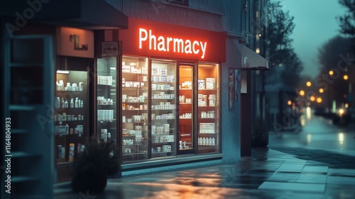 pharmacy storefront with a bright neon sign reading 
