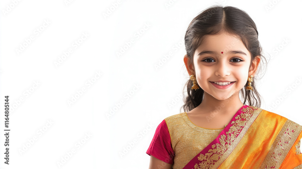 cute little indian girl in elegant sari smiling on white background cute little indian girl in elegant sari smiling on white background