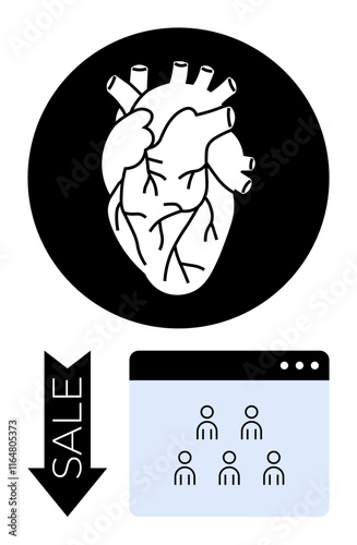 Human heart silhouette above webpage with user icons and downward arrow labeled sale. Ideal for commerce, health ethics, marketing concepts, advocacy, social impact, e-commerce, abstract line flat