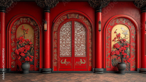 An ornate red Chinese doorway adorned with golden details and floral accents, reflecting the grandeur of festive traditions.