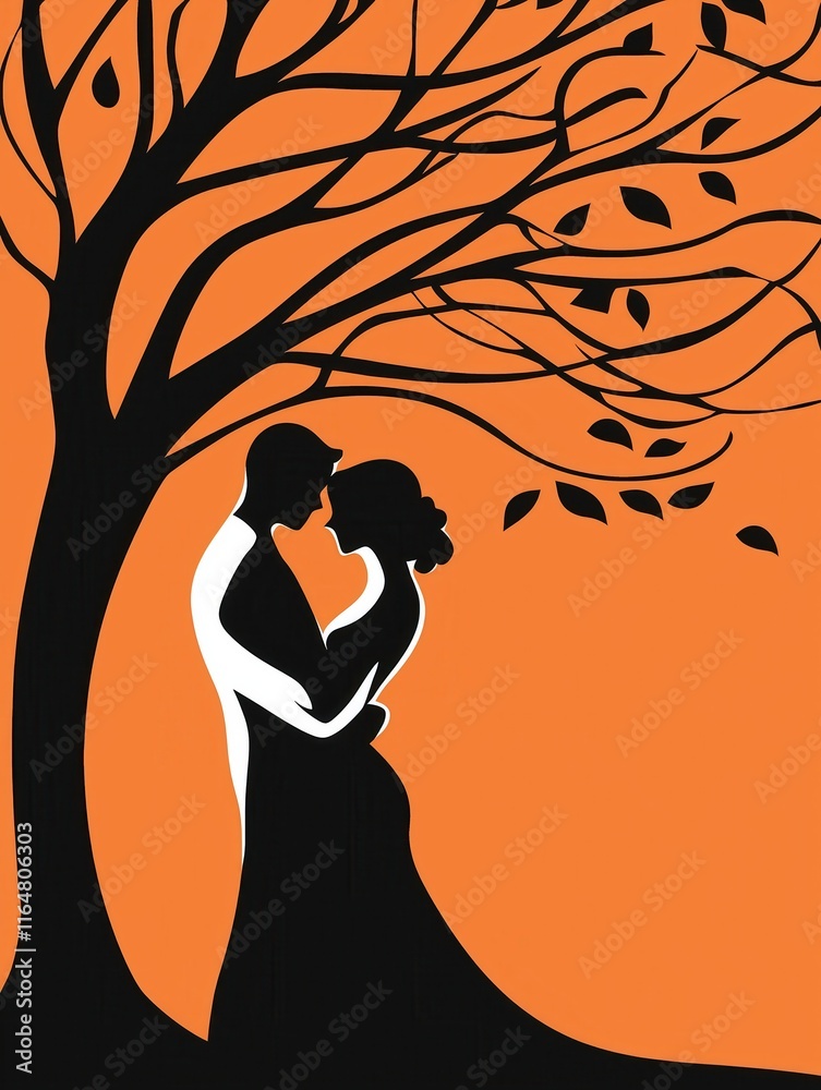 Silhouette of a couple embracing under a tree with falling leaves on an orange background Silhouette of a couple embracing under a tree with falling leaves on an orange background