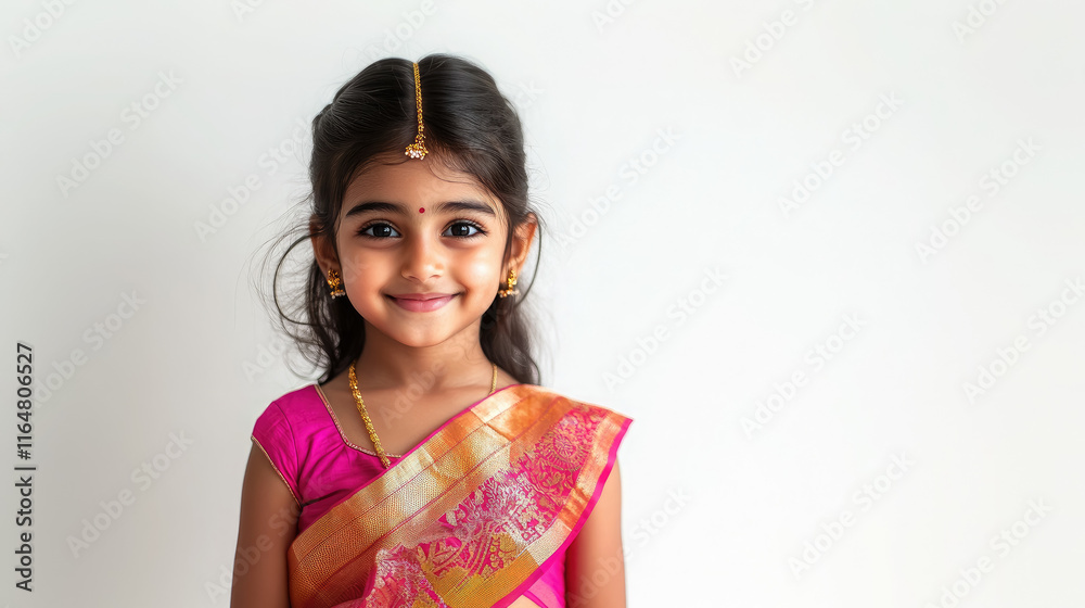 cute little indian girl in elegant sari smiling on white background cute little indian girl in elegant sari smiling on white background