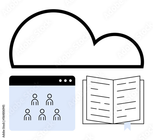 Cloud with interface of people profiles and open book highlights e-learning, teamwork, and resource access. Ideal for education, remote work, networking, digital storage, innovation, learning