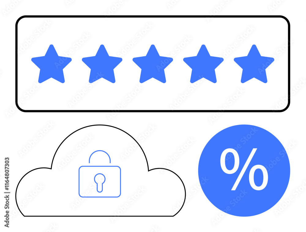 Five blue stars, a cloud with a lock symbol, and a blue percentage symbol combine themes of quality, security, and statistical analysis. Ideal for rating systems, data security, cloud services Five blue stars, a cloud with a lock symbol, and a blue percentage symbol combine themes of quality, security, and statistical analysis. Ideal for rating systems, data security, cloud services