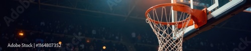 Close-up view of basketball hoop under spotlight, picture, illustration, texture