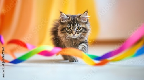 Playful Cat Chasing Colorful Ribbon in Minimalist Room photo