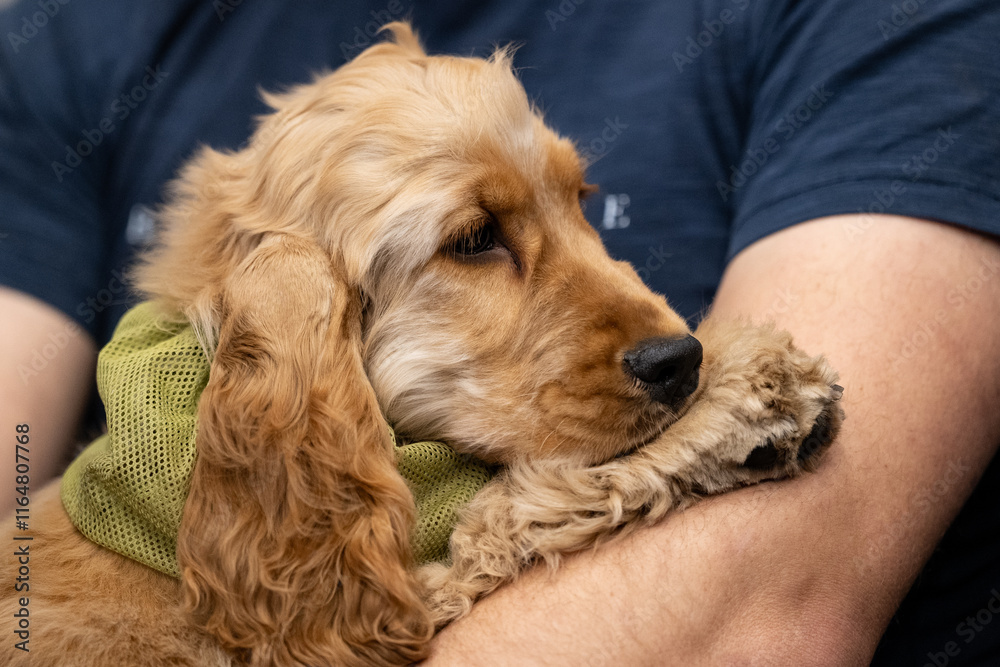English Cocker Spaniel. A dog in the owner's arms.