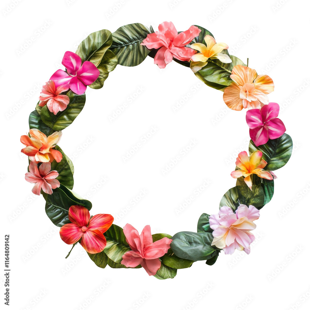 Fototapeta premium Colorful floral wreath with vibrant flowers and green leaves, perfect for decoration or celebration. This beautiful arrangement adds cheerful touch to any space