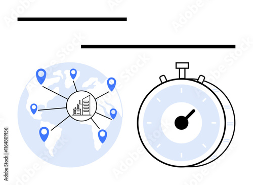 World map with blue location pins connected to a building, stopwatch indicating time management. Ideal for logistics, supply chain, global business, delivery, efficiency, planning, abstract line flat