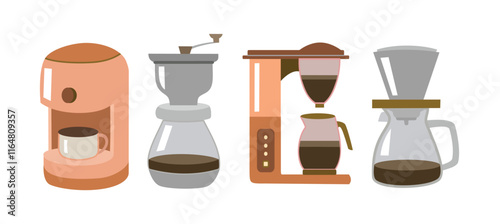Coffee maker set. Collection of coffee shop equipment. Coffee machine. Coffee filter. Grinder beans. 