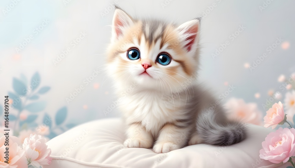 Adorable Kitten Resting on a Soft Pillow Amidst Blooming Roses