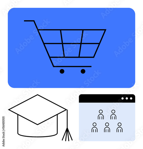 Shopping cart icon, graduation cap, and user interface panel reinforce themes of e-commerce, education, and digital platforms. Ideal for online education, knowledge exchange, remote learning