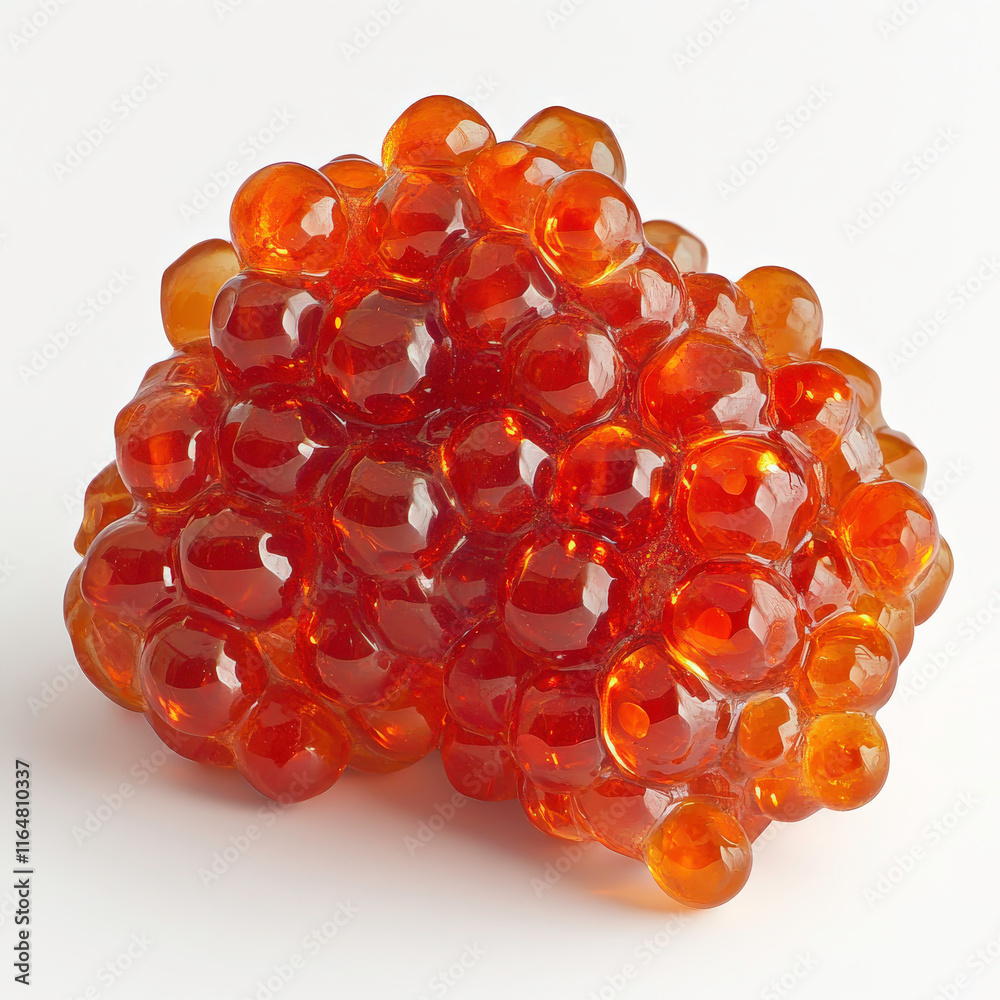 Close-up view of vibrant orange gelatinous bubbles with a glossy surface, resembling abstract art and organic forms, set against a clean white background Close-up view of vibrant orange gelatinous bubbles with a glossy surface, resembling abstract art and organic forms, set against a clean white background