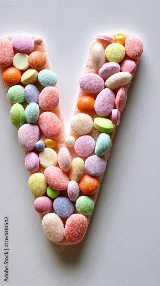 Colorful candy-coated candies arranged in a large letter V for a festive celebration