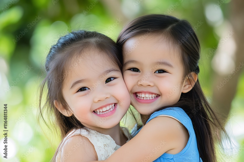 Two smiling girls embracing outdoors in a joyful moment. Two smiling girls embracing outdoors in a joyful moment.
