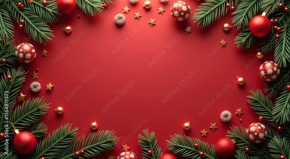 Christmas decorations on a red background with a red background, space for text Christmas decorations on a red background with a red background, space for text