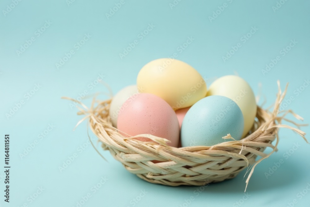 Naklejka premium Colorful Easter Eggs in a Wicker Basket on a Blue Background