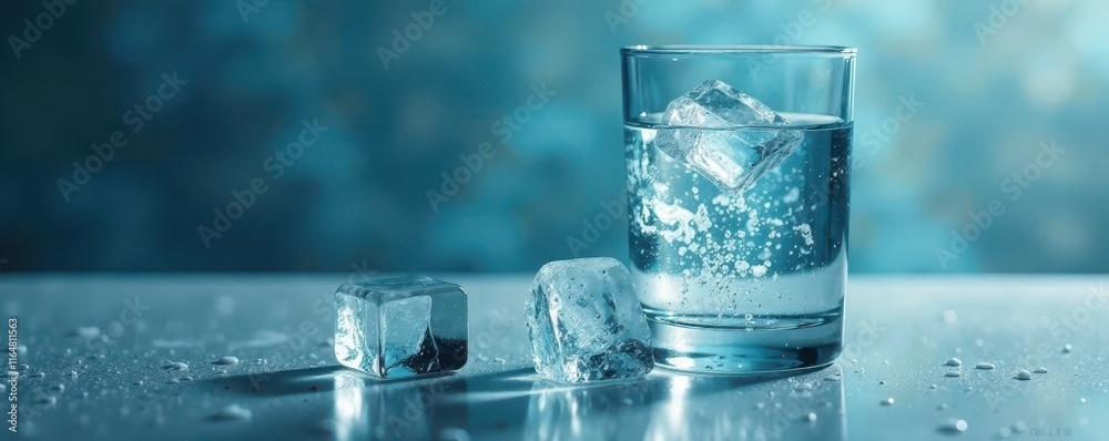 Glass of clear liquid on a flat surface next to an ice cube, whiskey, liquor, glass Glass of clear liquid on a flat surface next to an ice cube, whiskey, liquor, glass