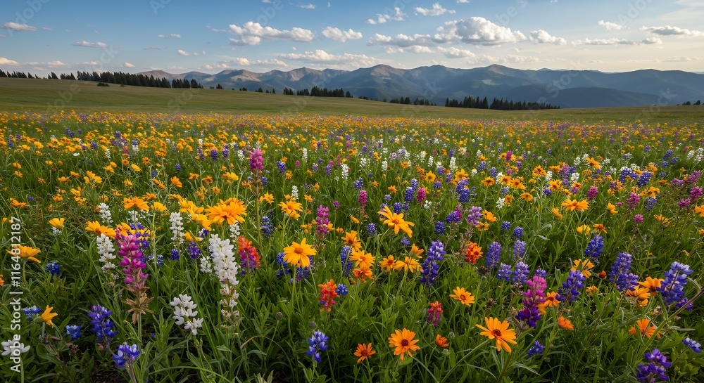 A colorful wildflower meadow spread across a high plateau with distant mountains, creating a cheerful and vibrant natural scene. A colorful wildflower meadow spread across a high plateau with distant mountains, creating a cheerful and vibrant natural scene.