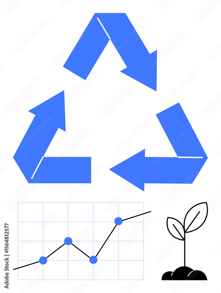 Blue recycling arrows, upward graph with data points, and a sprouting seedling. Ideal for sustainability, ecology, growth, eco-business, recycling, environmental conservation abstract line flat Blue recycling arrows, upward graph with data points, and a sprouting seedling. Ideal for sustainability, ecology, growth, eco-business, recycling, environmental conservation abstract line flat