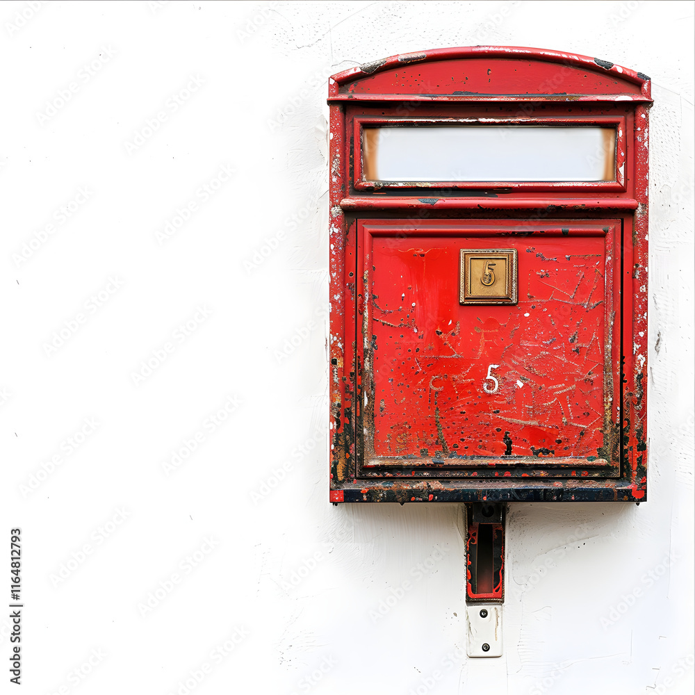Weathered Red Metal Mailbox with Number Five on White Wall Weathered Red Metal Mailbox with Number Five on White Wall