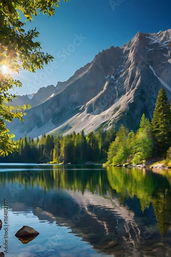 A breathtaking view of majestic mountains reflected in a crystal-clear lake, surrounded by lush greenery and a sunny sky. Perfect for nature enthusiasts.
