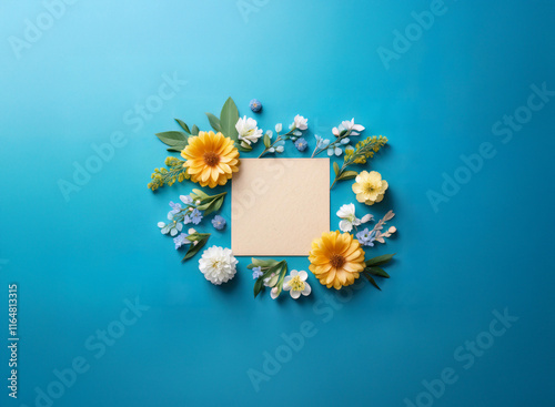 A blank square card is nestled in a vibrant wreath of yellow and white flowers, green leaves, and blue berries, set against a bright teal backdrop.  A spring or summer themed image perfect for invitat photo