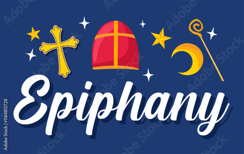 happy epiphany day with blue sky background and epiphany ornaments