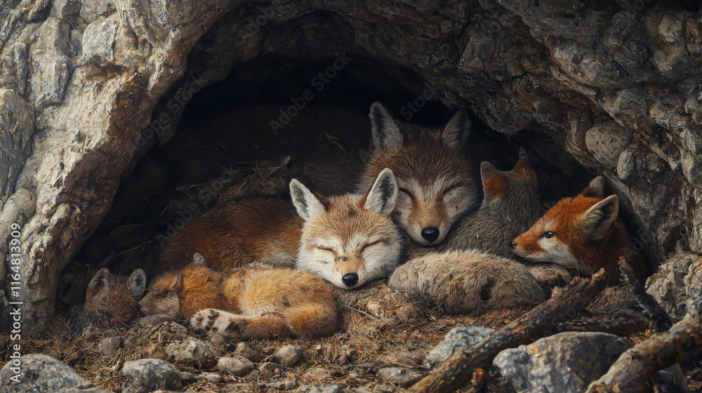 Peaceful Fox Family Hibernating in Rocky Burrow Wildlife Nature Scene Peaceful Fox Family Hibernating in Rocky Burrow Wildlife Nature Scene