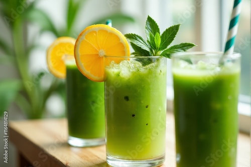 Bright green juices garnished with tropical fruits and herbs photo