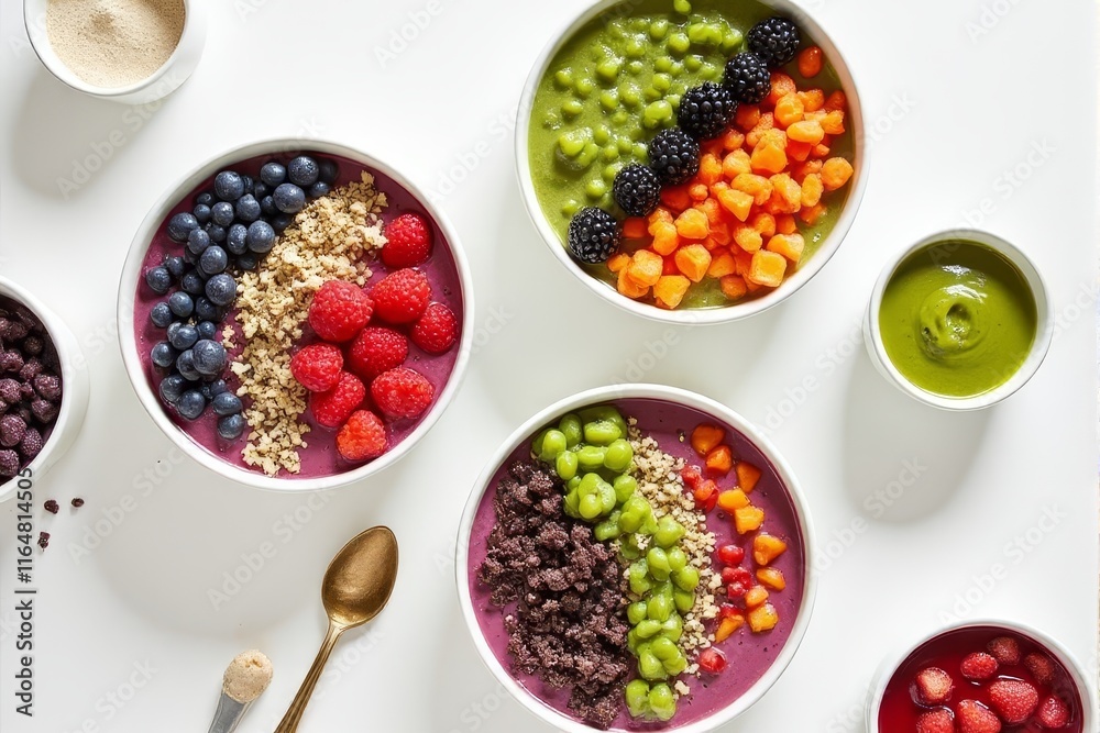 Smoothie bowls with unique and colorful topping arrangements