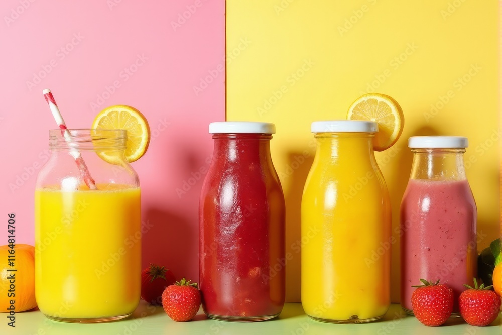 Brightly colored detox juices served in clear bottles Brightly colored detox juices served in clear bottles