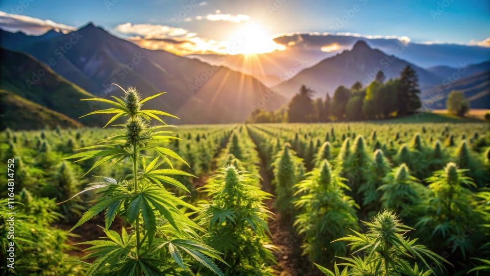 Fototapeta premium Golden Hour in a Hemp Field, Rows of Plants Basking in the Setting Sun's Rays