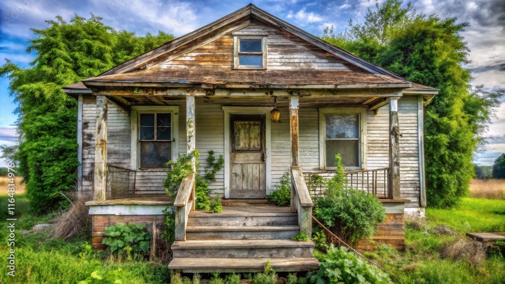 Rustic weathered farmhouse with overgrown porch and steps Rustic weathered farmhouse with overgrown porch and steps