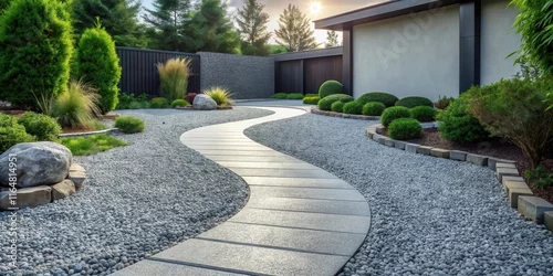 Fototapeta Serene Landscape Design Featuring a Curving Stone Pathway Through a Gravel Garden with Lush Greenery and Modern Architectural Elements