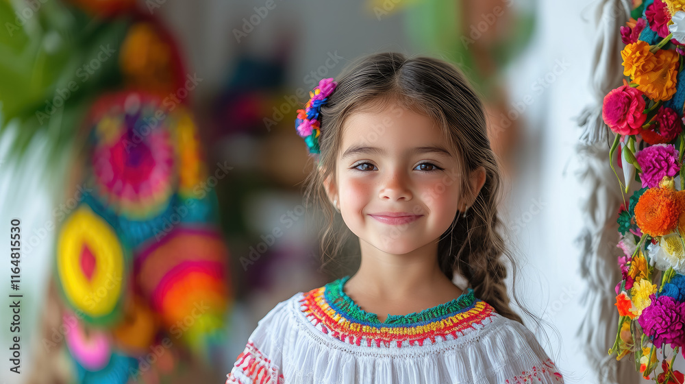 Fototapeta premium Cute little mexican or spanish girl in elegant white red and green dress smiling on white background