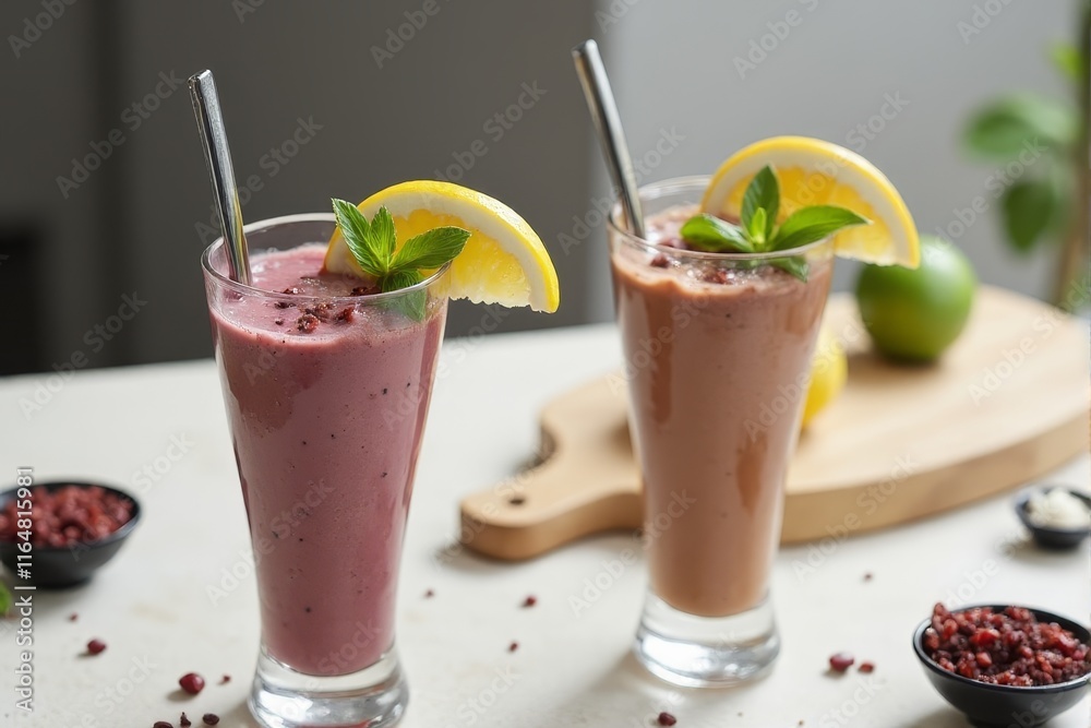 Plant based protein shakes served in sleek modern glasses Plant based protein shakes served in sleek modern glasses