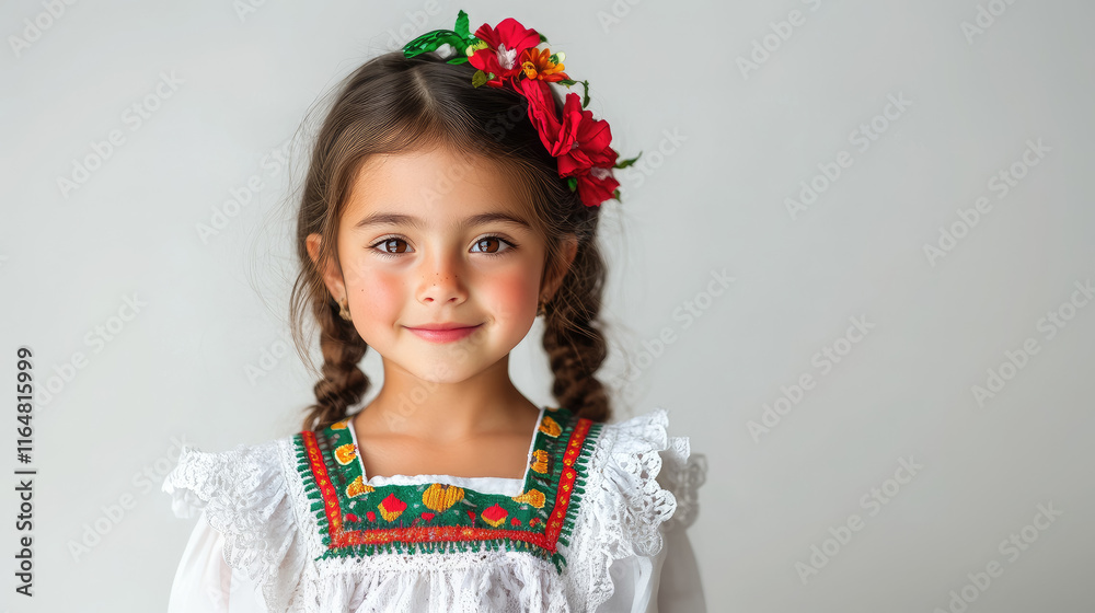 Cute little mexican or spanish girl in elegant white red and green dress smiling on white background Cute little mexican or spanish girl in elegant white red and green dress smiling on white background
