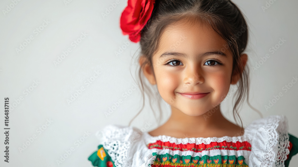 Cute little mexican or spanish girl in elegant white red and green dress smiling on white background Cute little mexican or spanish girl in elegant white red and green dress smiling on white background