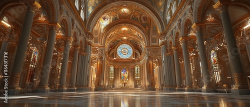 Opulent cathedral interior with golden details and stained glass.