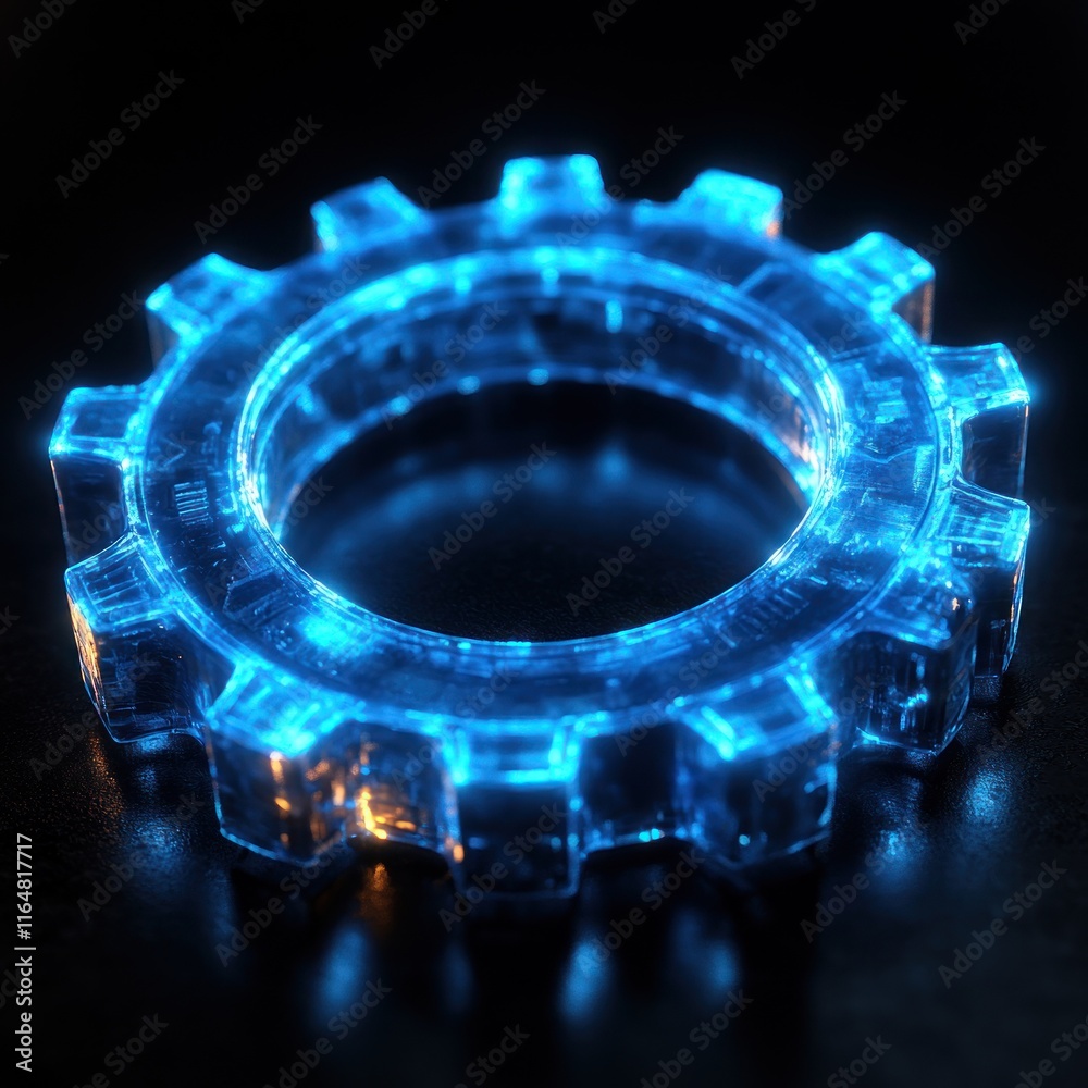 Glowing blue gear, digital technology concept.