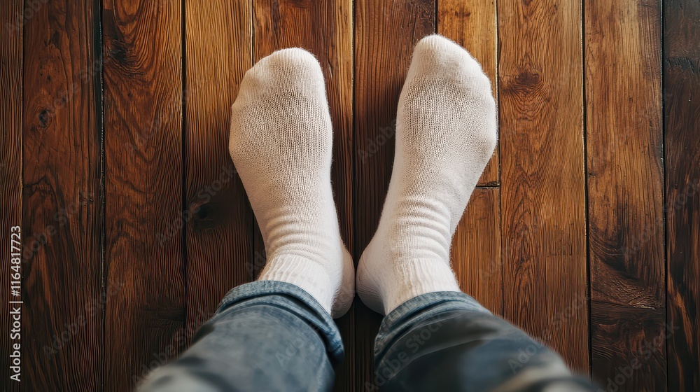 Cozy feet in patterned socks resting on a warm wooden floor, creating a relaxed and homey atmosphere. Cozy feet in patterned socks resting on a warm wooden floor, creating a relaxed and homey atmosphere.