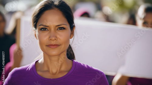 Latina woman in peaceful feminist march, peaceful face, wearing purple shirt photo