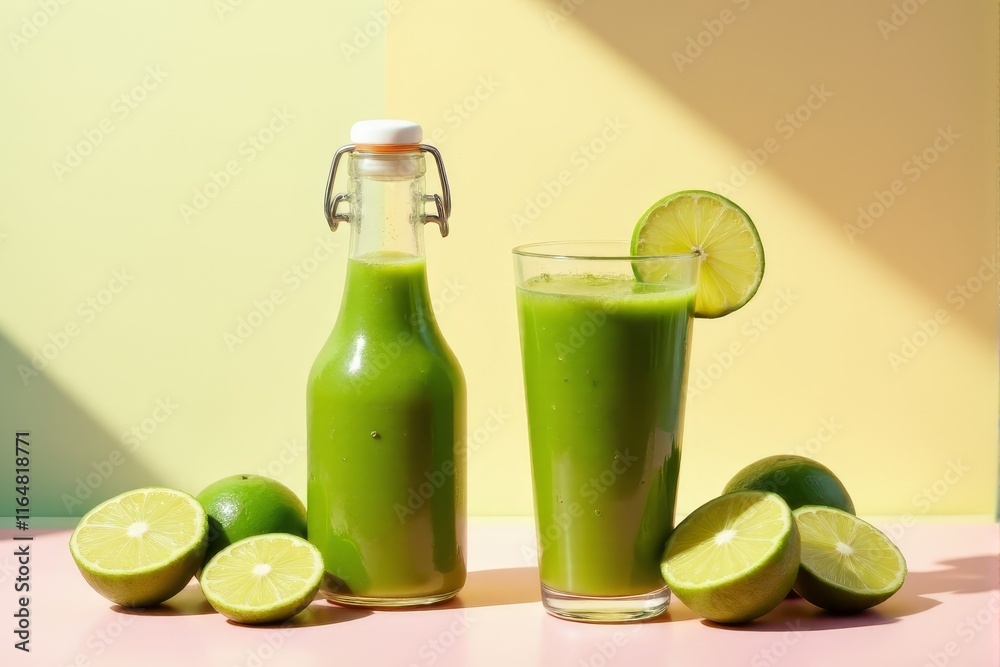 Green juices and detox shots in glass bottles with pastel backdrops Green juices and detox shots in glass bottles with pastel backdrops