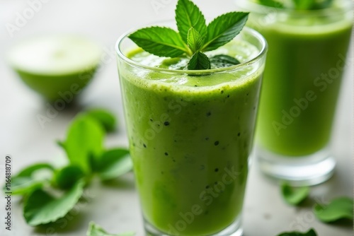 Fresh spirulina smoothies in clear glasses with garnishes of mint leaves