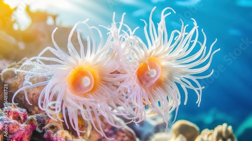 Underwater Anemones in Blooming Coral Reef Setting photo