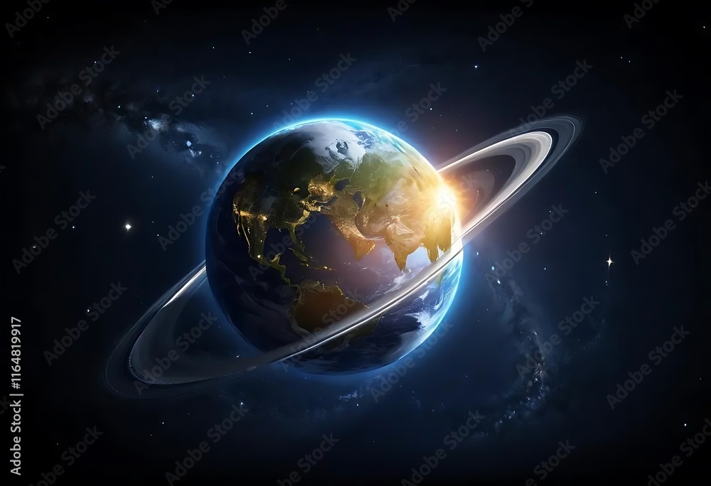 Fototapeta premium Earthlike Planet With Rings In Space Orbiting