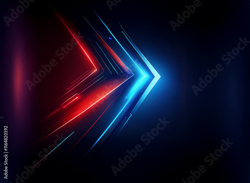 Abstract digital artwork featuring a vibrant red and blue arrow design.  Glowing lines and sharp angles create a dynamic, futuristic feel. The dark background enhances the luminosity of the colors.